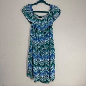 Shiela Rose Women's Off‎ Shoulder Chevron Print Dress Blue Green Size L